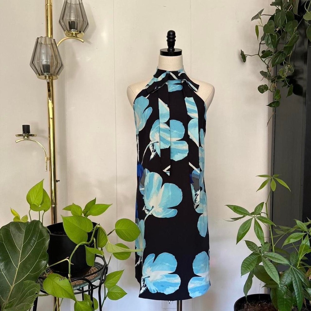 Rachel Roy Black Blue Floral Halter Neck Midi Dress with Pockets Size 6